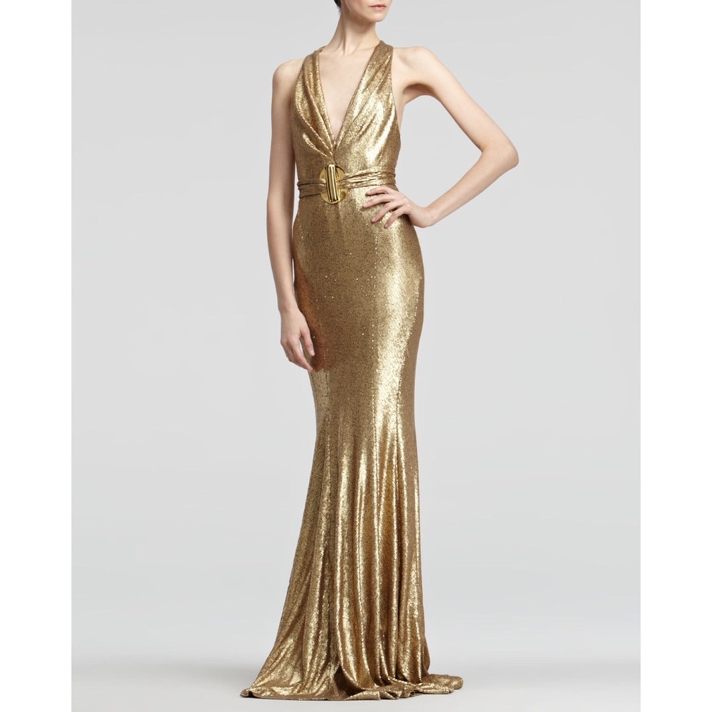 New without tags Donna Karan gold sequin deep v neck Belted Sequined Dress gown